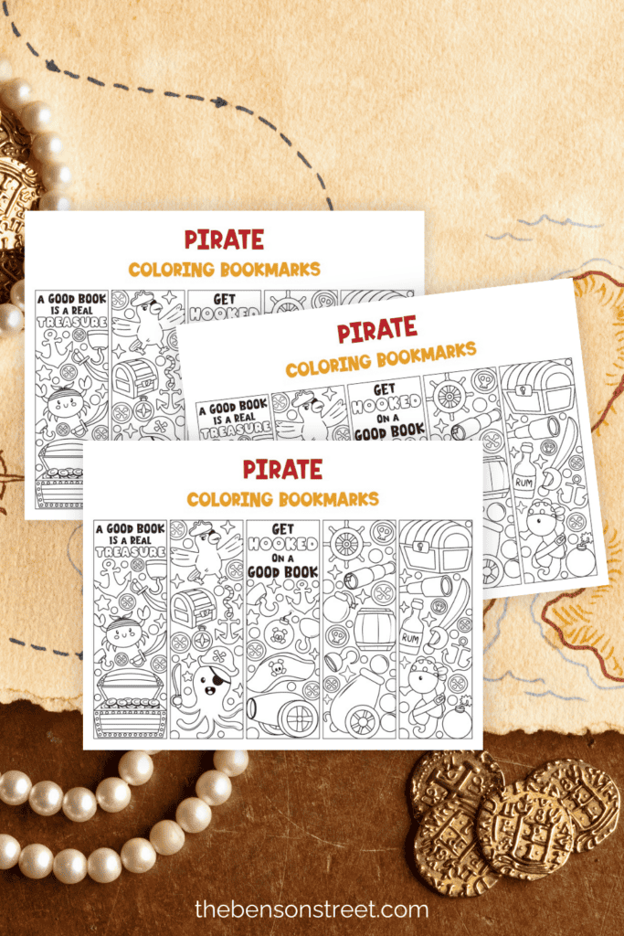 Three pages of pirate coloring page bookmarks on a pirate background