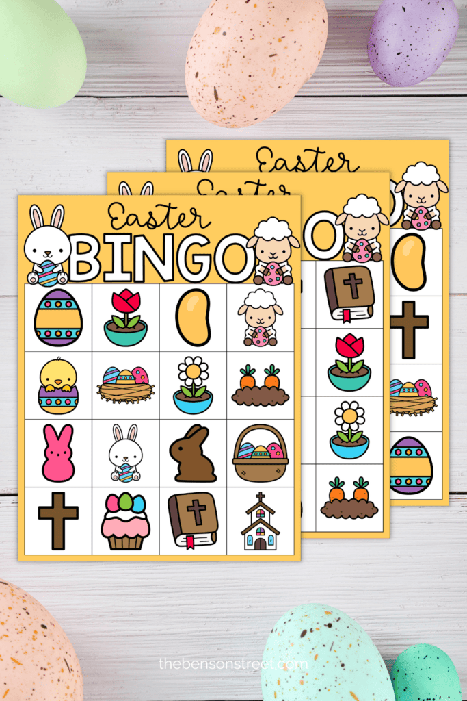 Three printed out sheets of unique bingo cards for a spring bingo game