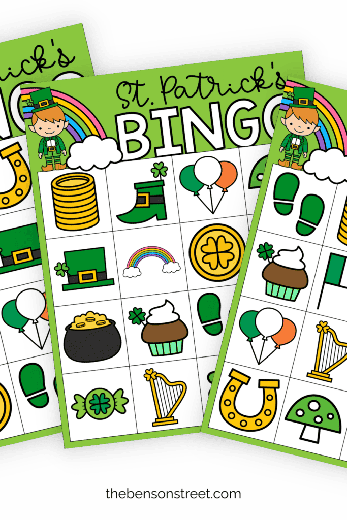Three sheets of Bingo cards in a fanned out stack for kids to use in march