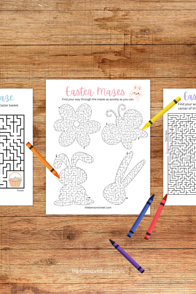 Three sheets of Easter worksheets with puzzles and crayons