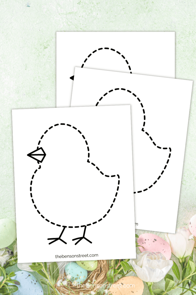 Three sheets of a chick outline template and printable