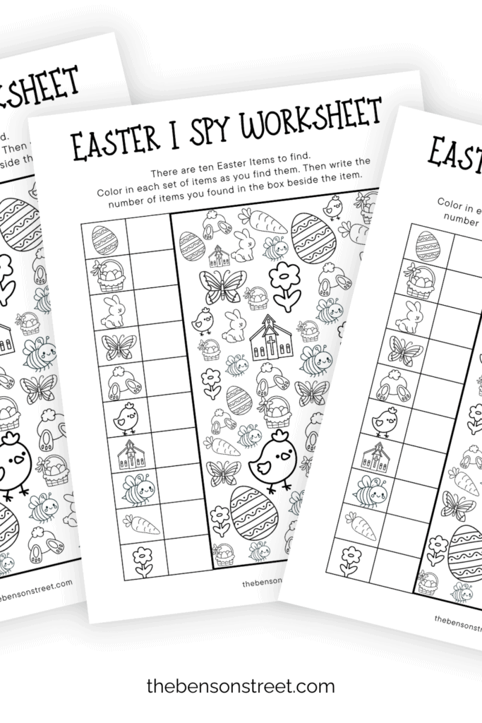 Three sheets of an easter i spy count and color page