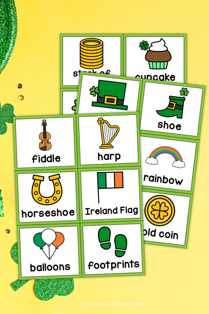 Three sheets of calling cards for St. Patty's Day Bingo