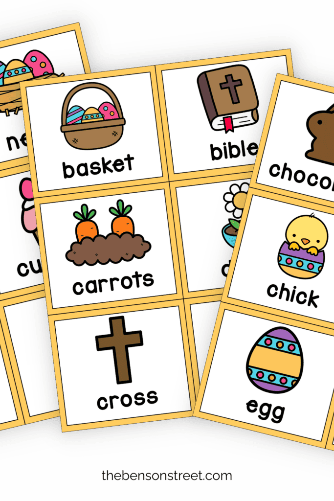 Three sheets of calling cards for an easter bingo game 