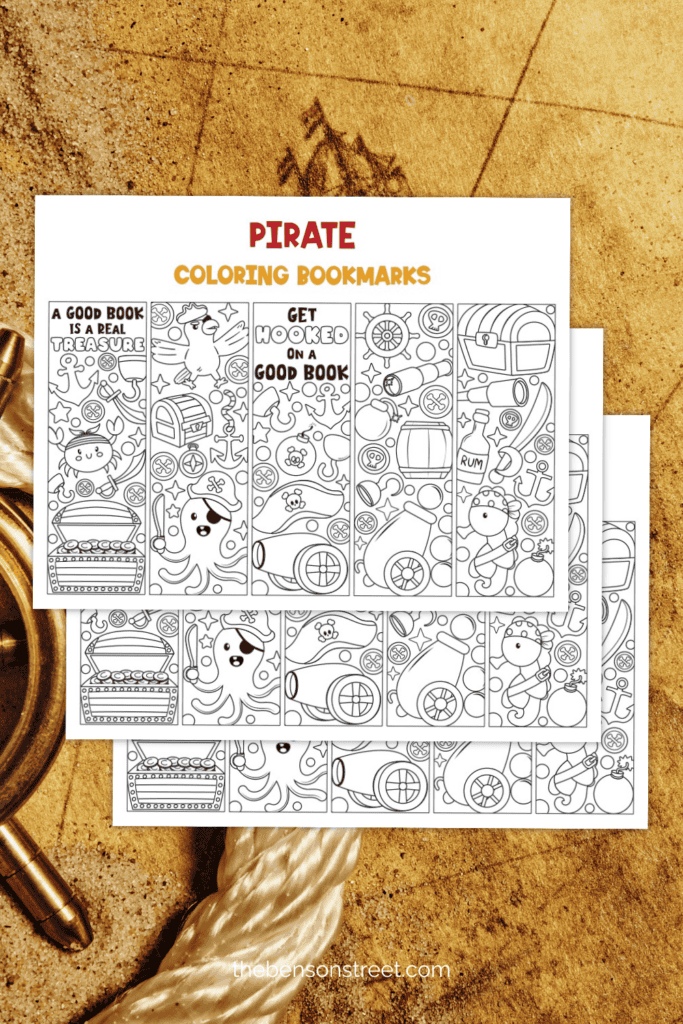 Three sheets with five different pirates themed bookmarks on each one 