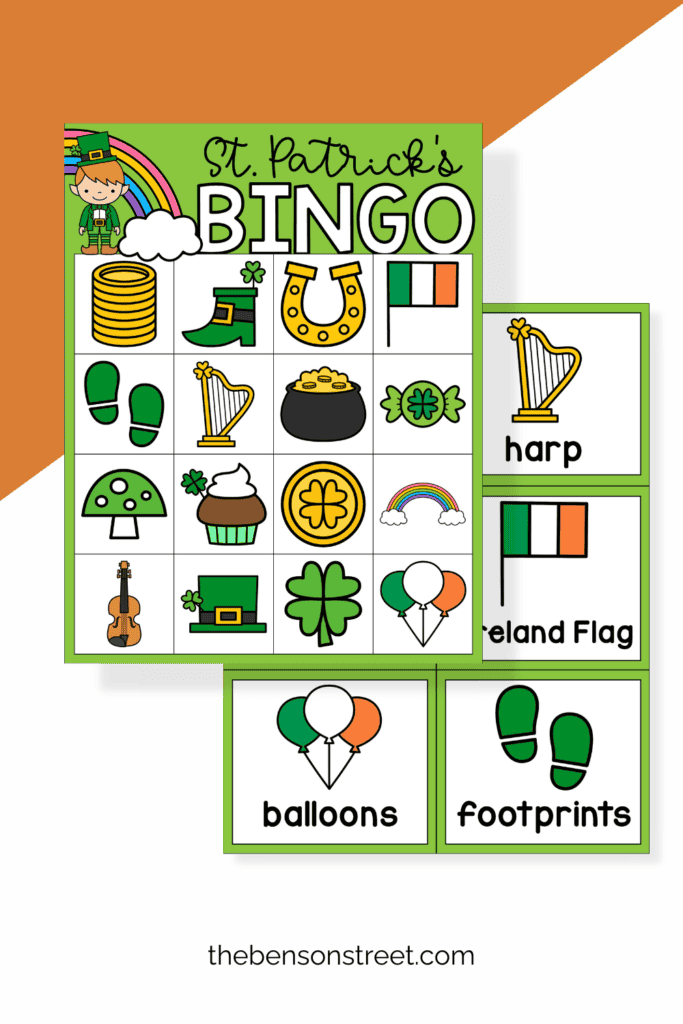 Two sheets of Bingo cards and calling cards with an irish theme for march