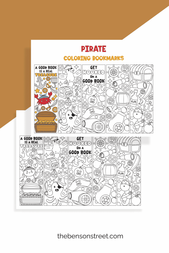 Two sheets of pirate bookmarks with one colored in
