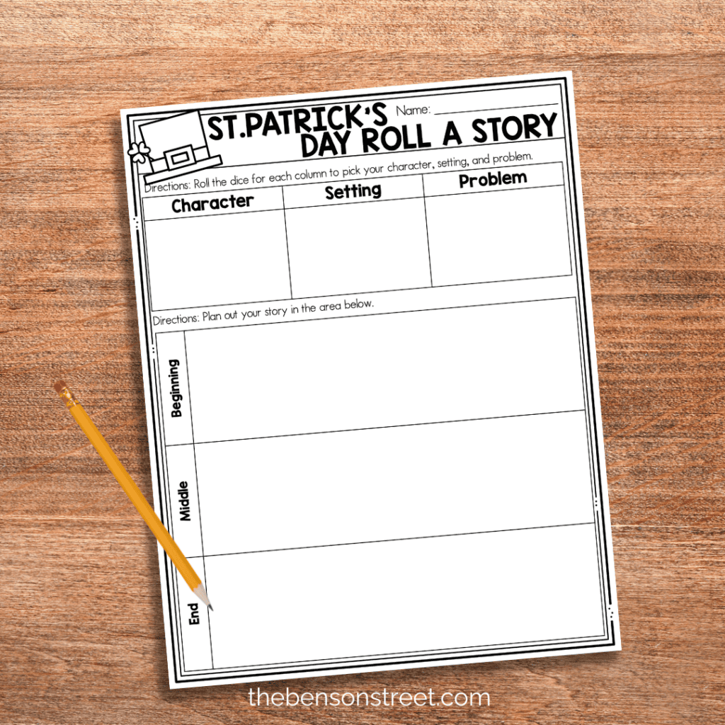 Write a creative st. patty's day story with this dice writing activity planning sheet