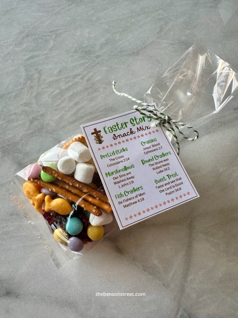 A bag of easter snack mix with a tag on it