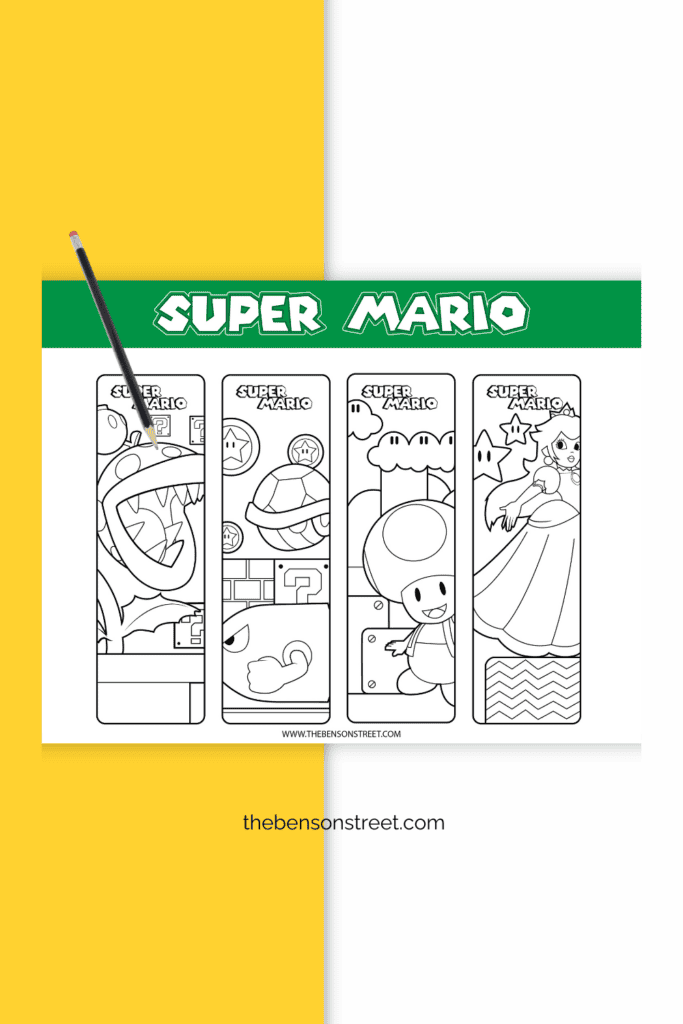 A page of bookmarks with Mario characters to color