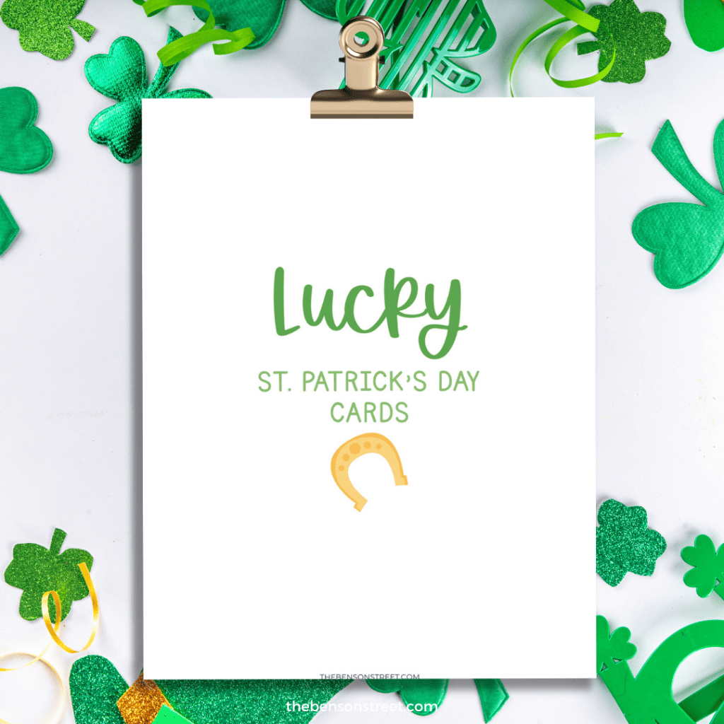 A set of free printable lucky st. patrick's day cards for gifting title sheet on a clip