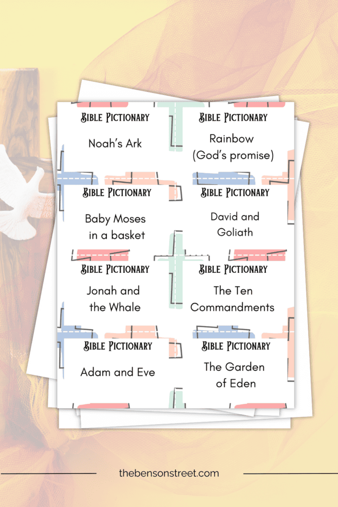 A sheet of bible pictionary cards to print and play a game with