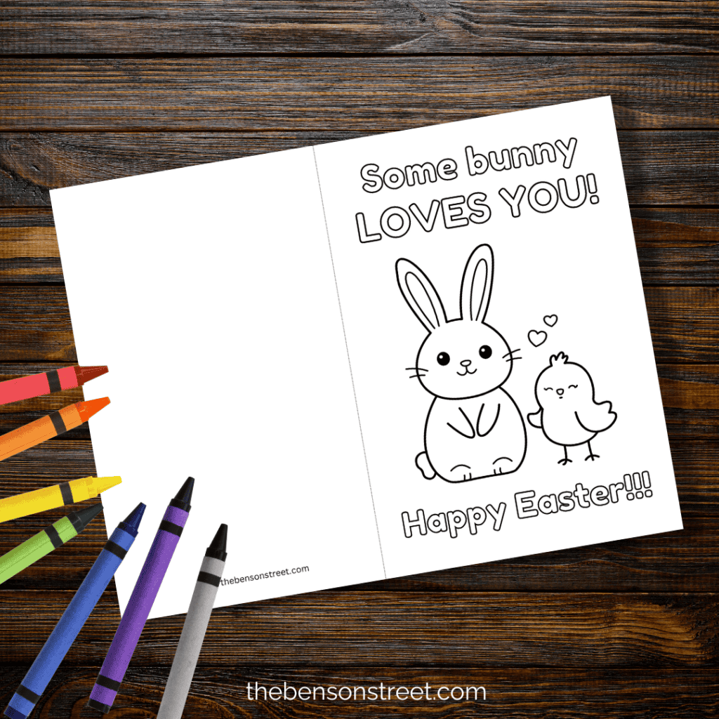 A some bunny loves you happy easter card to color with crayons on top