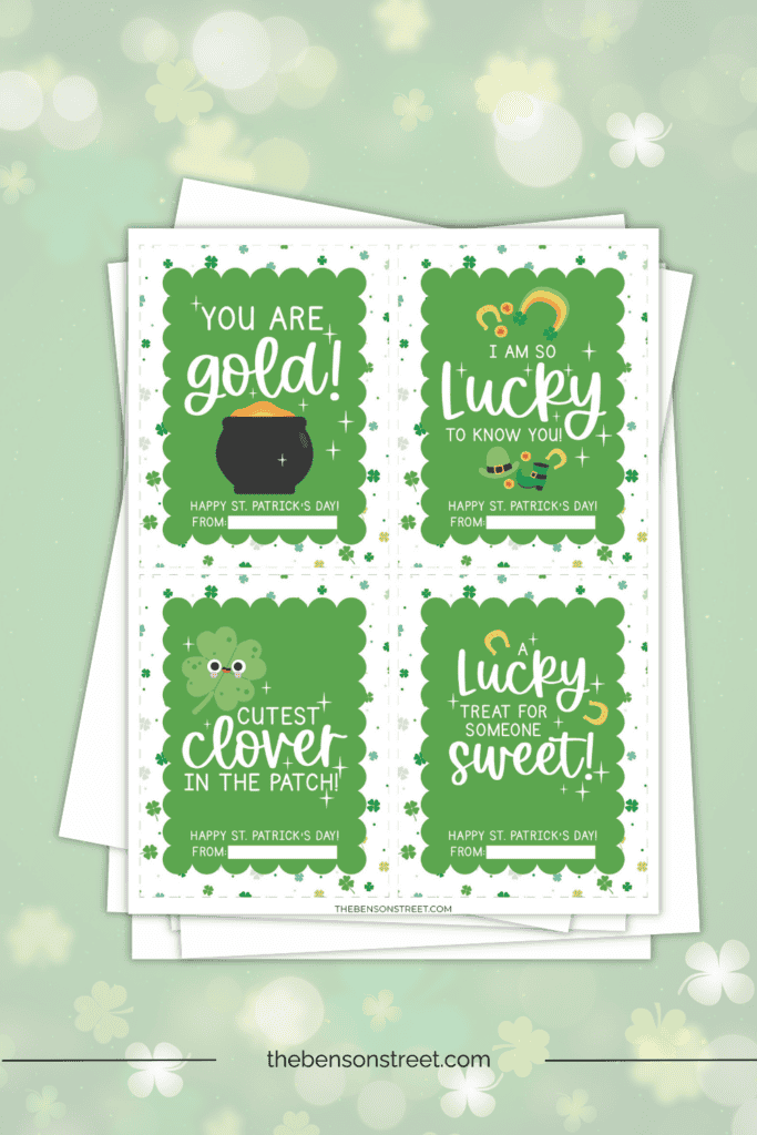 A stack of papers with printable st. patty's day cards on top 