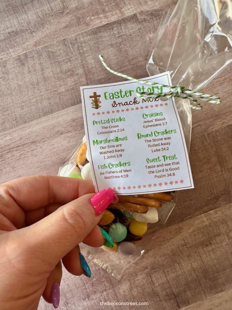 Bag of snack mix with a springy Easter tag