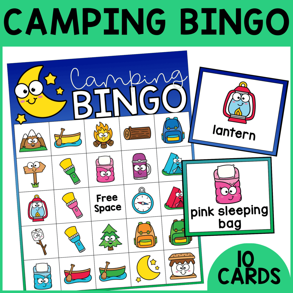 Fun camping bingo game with colorful icons for kids' outdoor activities.