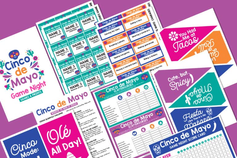 Flat lay of printed out sheets of cinco de mayo games