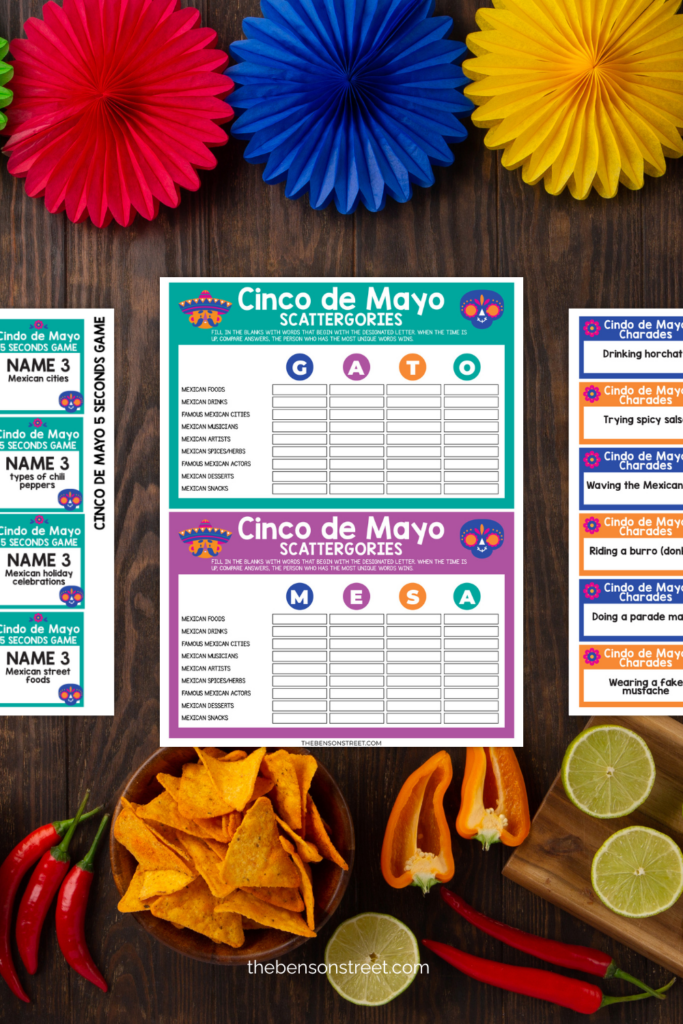 Cinco de Mayo Printable Party Games bundle on a festive background