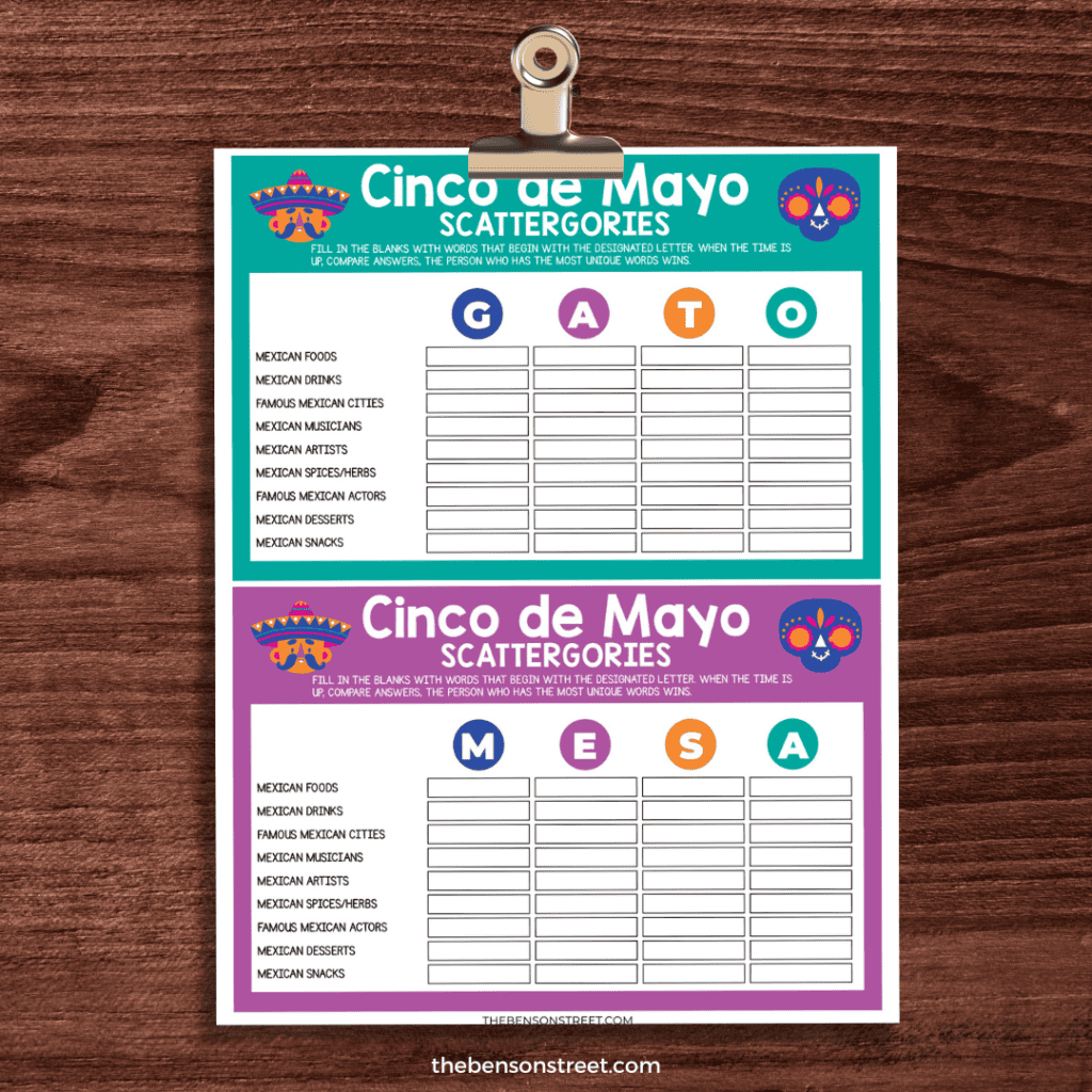 Cinco de Mayo Scattergories printable on a clip
