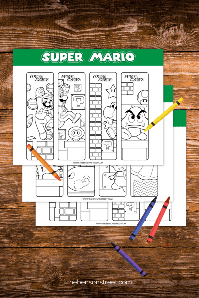 Coloring bookmarks with mario themed bookmarks and crayons all around