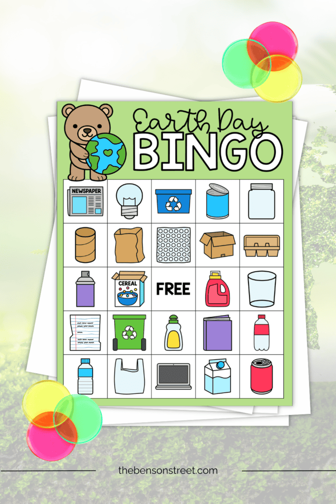 Earth Day Bingo Board with Bingo chips around it
