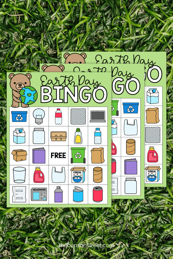 Earth Day Bingo Cards on a grass background