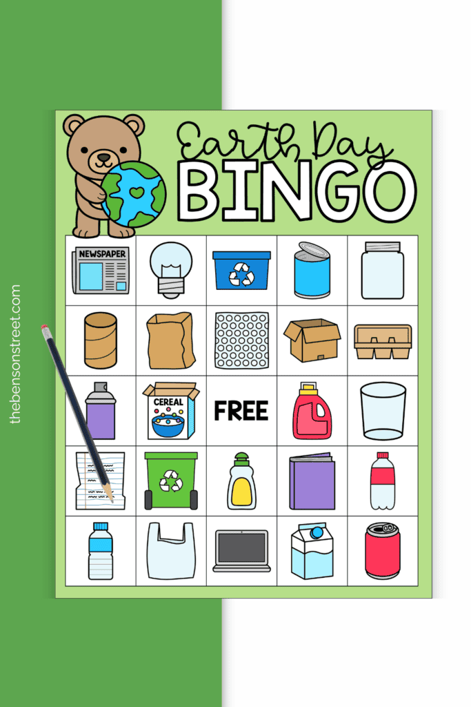 Earth Day Bingo board with a pencil on top of it for kids to play