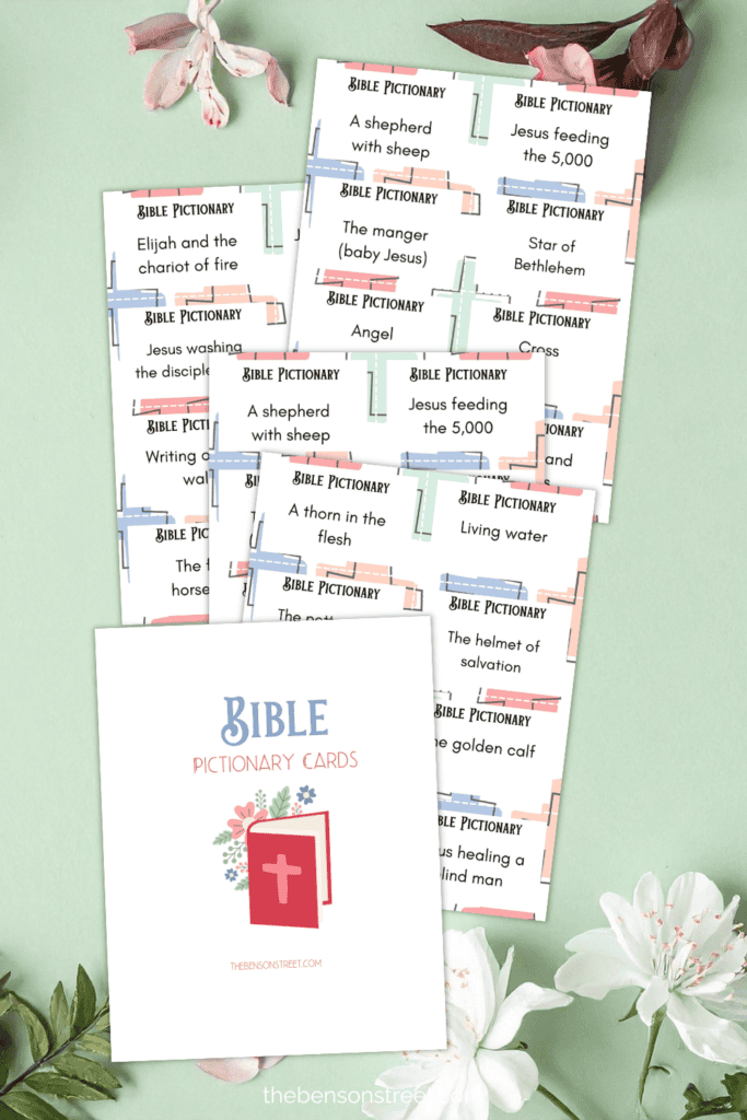 Five Sheets in a staggered stack for a game of bible pictionary