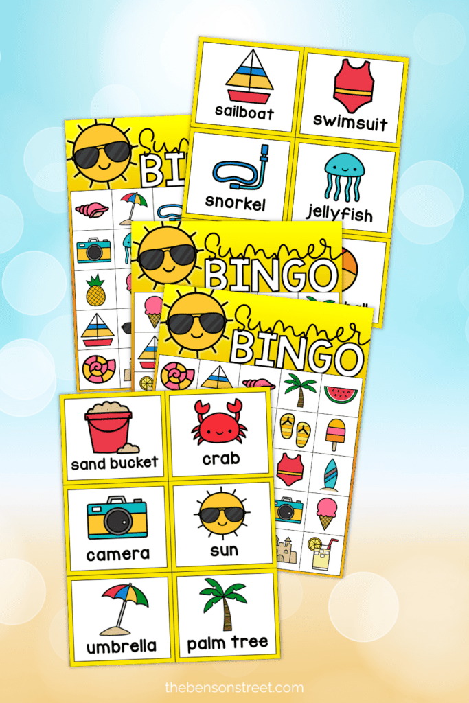 Five different printable sheets of summer bingo game cards and calling cards