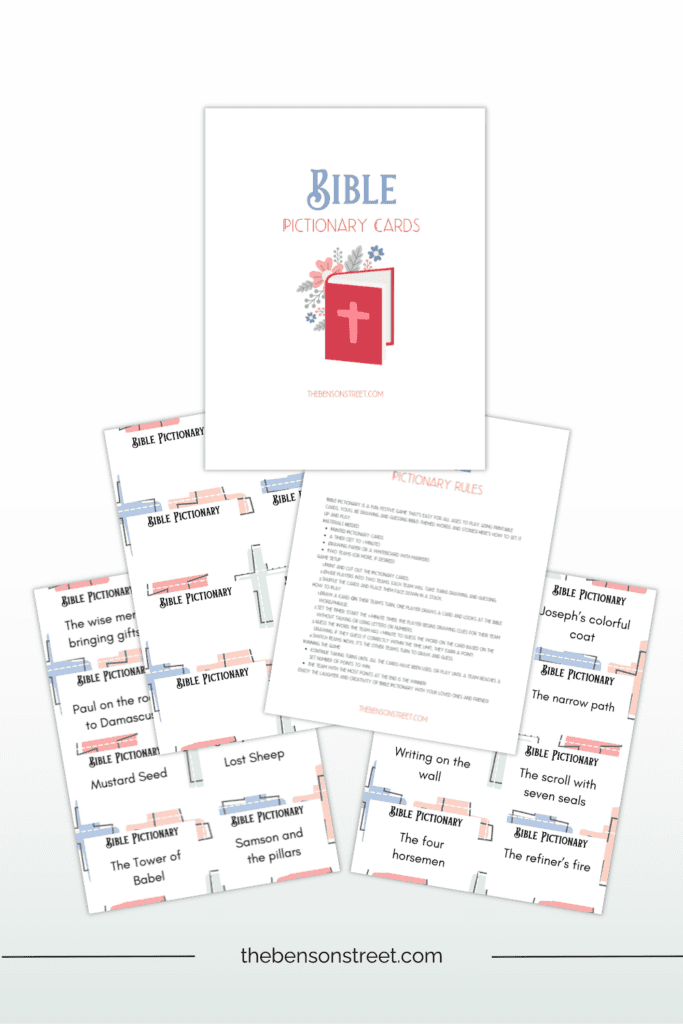 Five sheets of Bible Pictionary Cards for a religious pictionary game