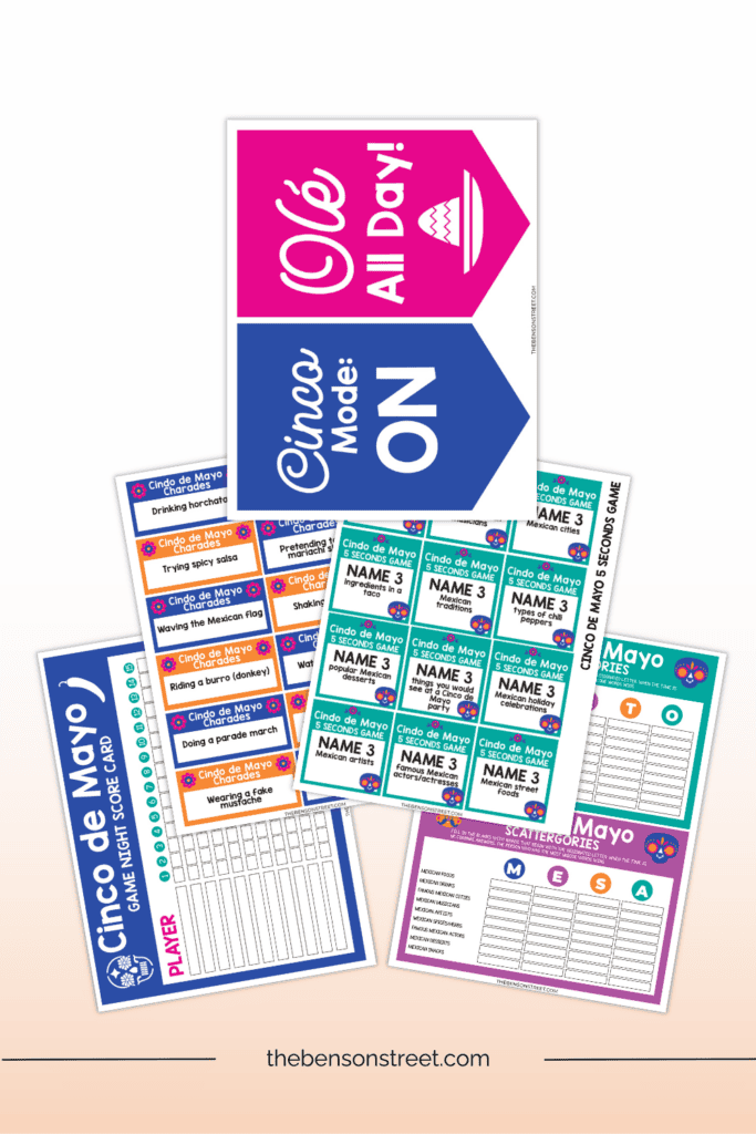 Five sheets with different prints and games for May 5th celebrations