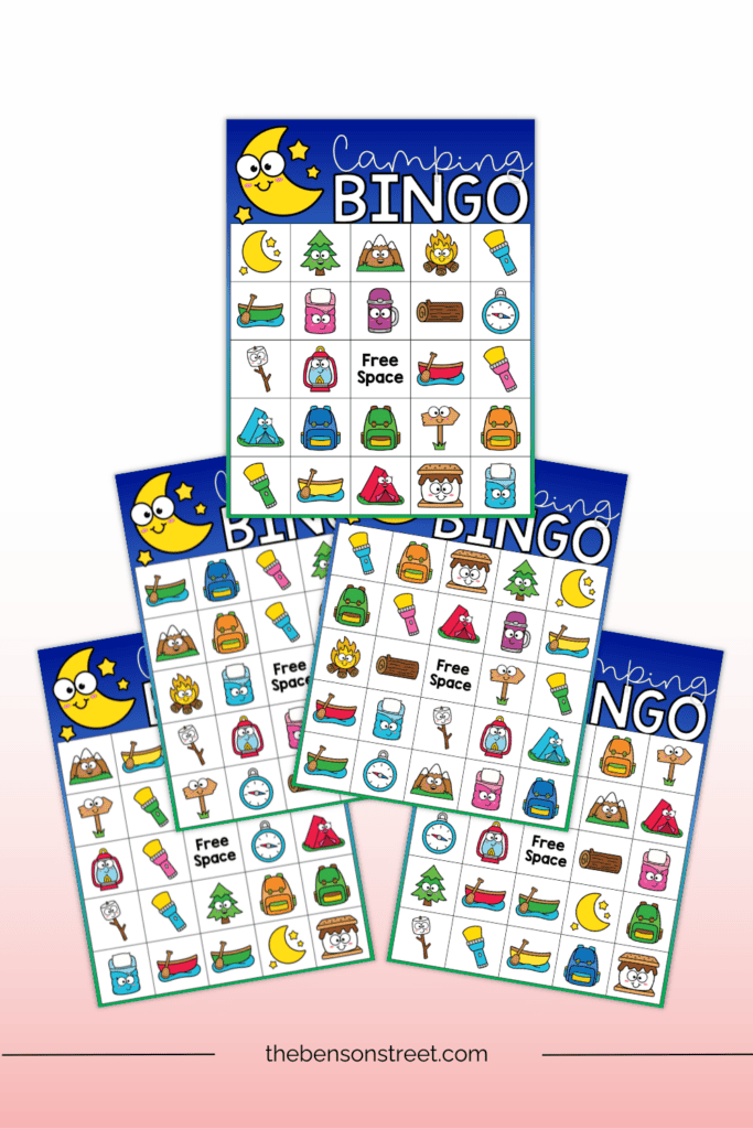 Five unique bingo cards with a camping theme