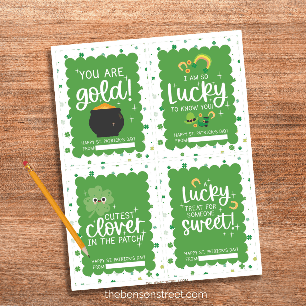 Four different St. Patrick's Day Cards on one printable page with a pencil on top
