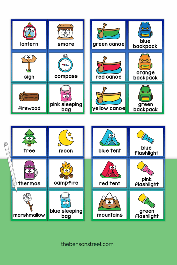 Four sheets of bingo cards for calling out camping images