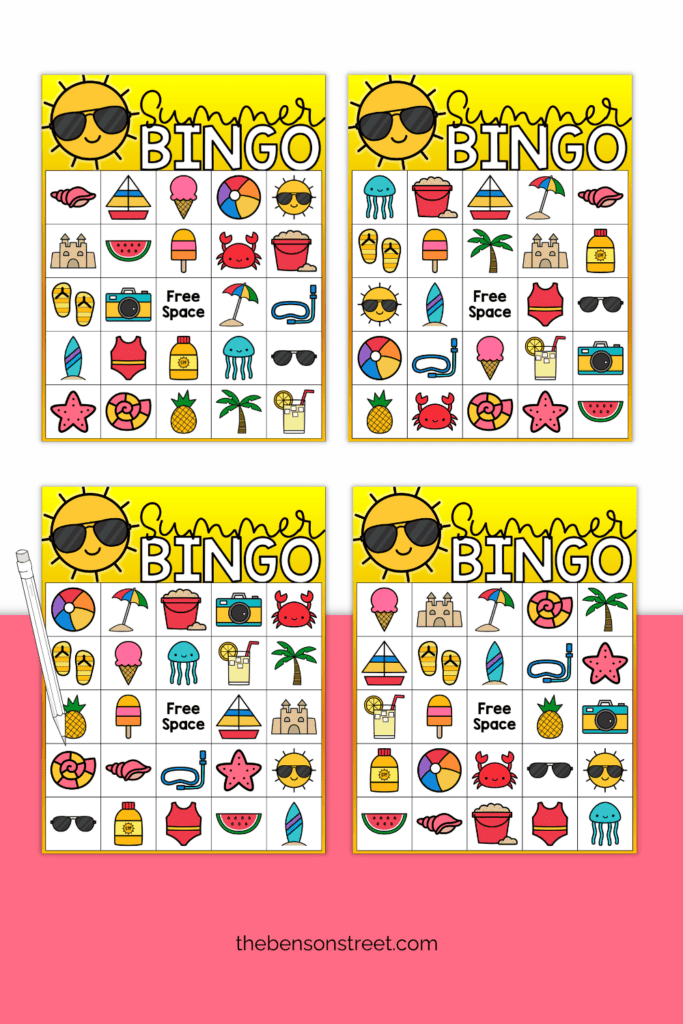 Four unique summer bingo boards for kids