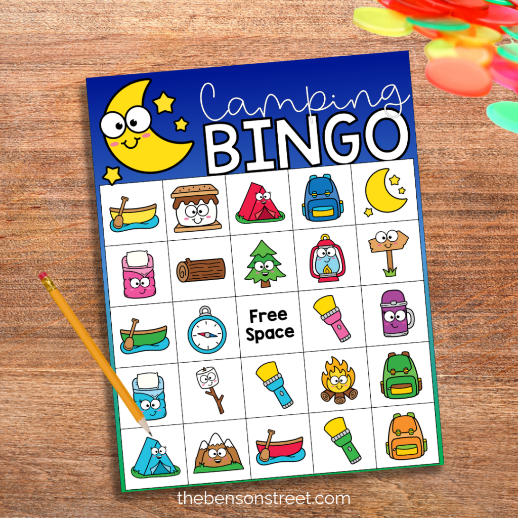 Free Printable Camping Bingo Game board with a pencil and bingo chips