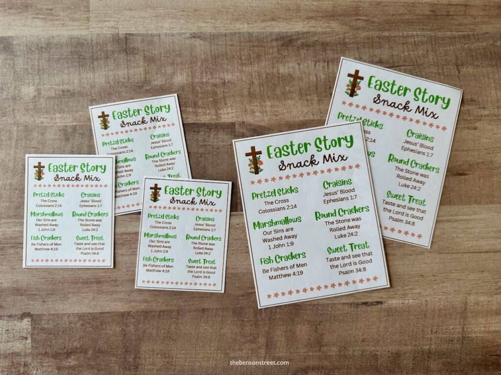 Free Printable Easter Story Snack Mix Tags on a wood background