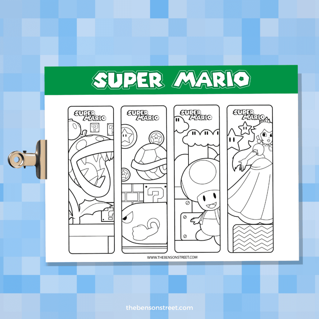 Free Printable page of four Mario Bros themed coloring bookmarks for kids on a clip