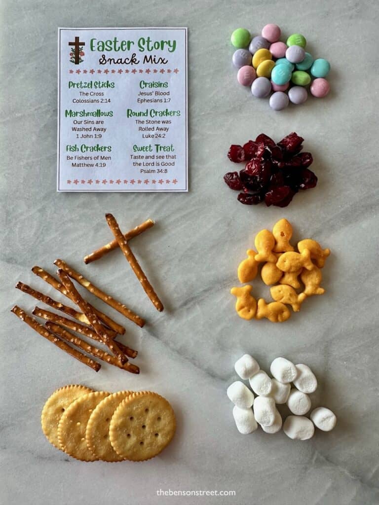 Ingredients for making Easter Snack Mix with six items and free printable tags