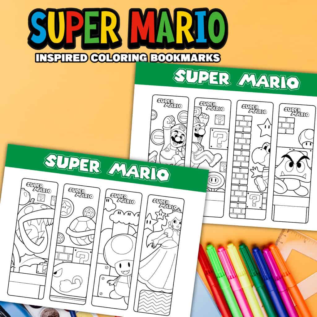 Flat lay mockup with coloring bookmarks for kids featuring Mario characters