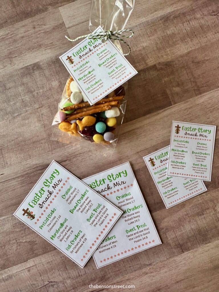 Overhead shot of a bag of Easter story snack mix with scriptures on tag