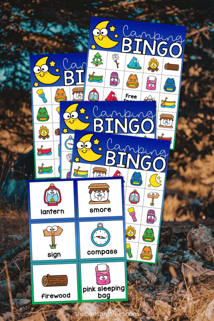 Pages of camping bingo calling cards and boards