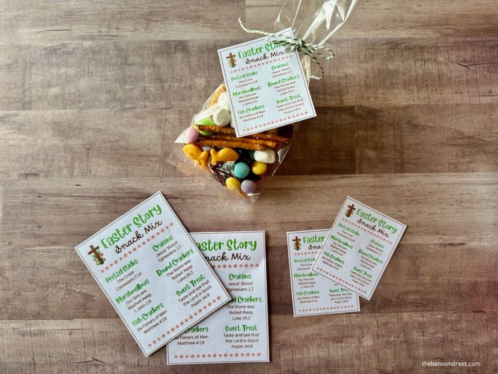 Printable Easter Story Snack Mix tags with a bag of snacks