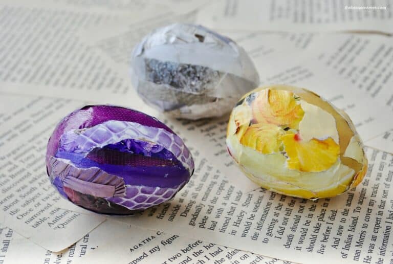 Purple, yellow and white collage easter eggs