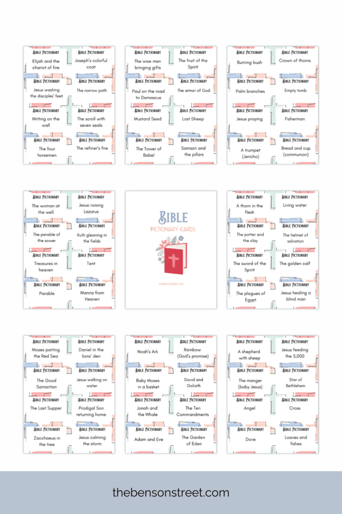 Sheets of Bible themed pictionary cards to print for free