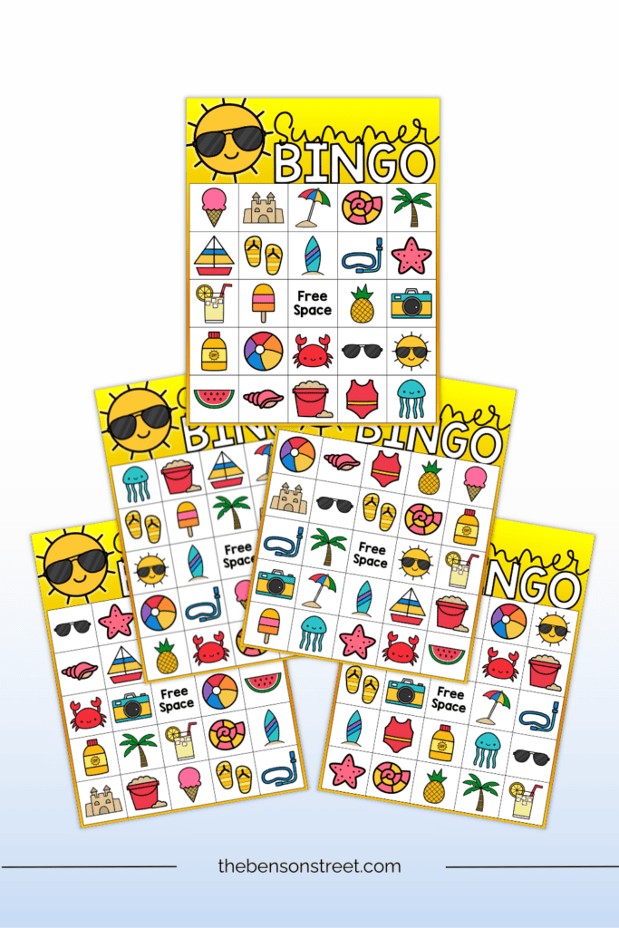 Stack of different summer bingo boards in a free printable set