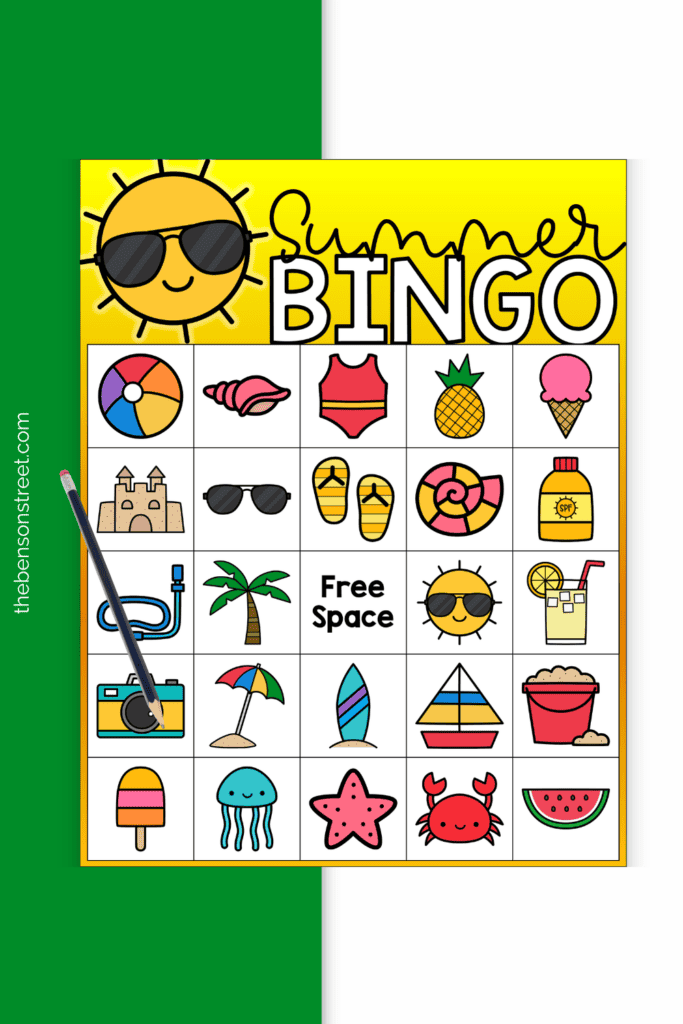Summer Bingo Game board with a free printable bingo game