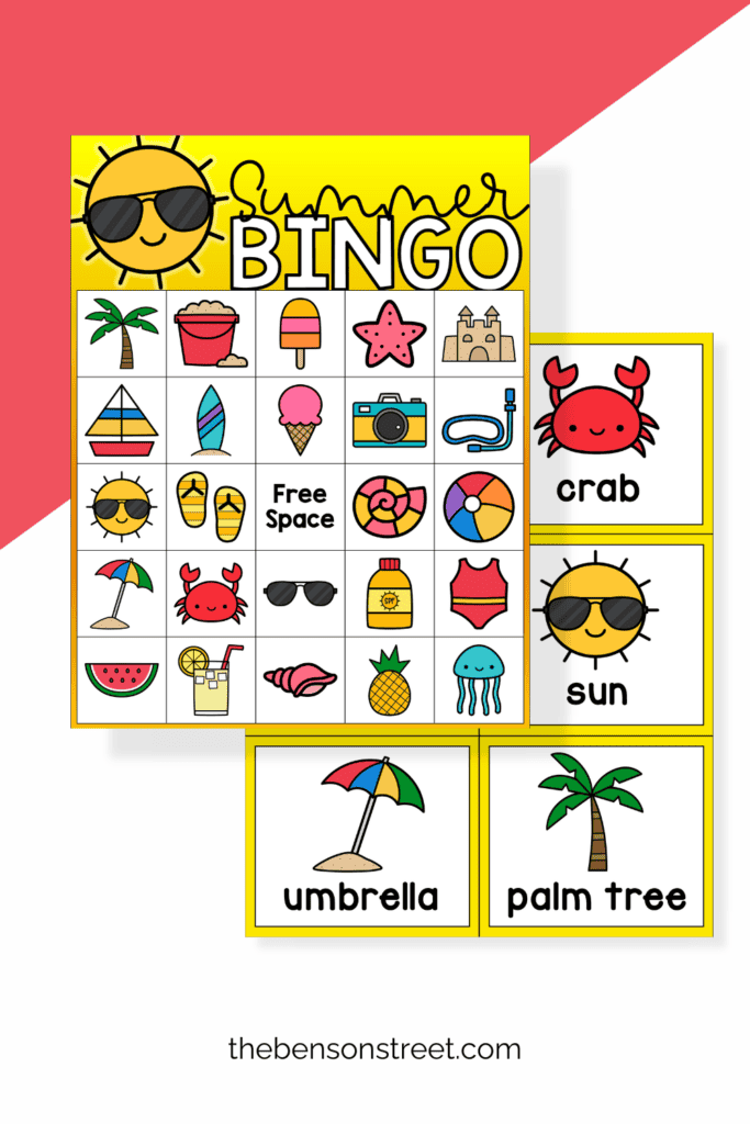 Summer bingo board and a sheet of calling cards to cut out