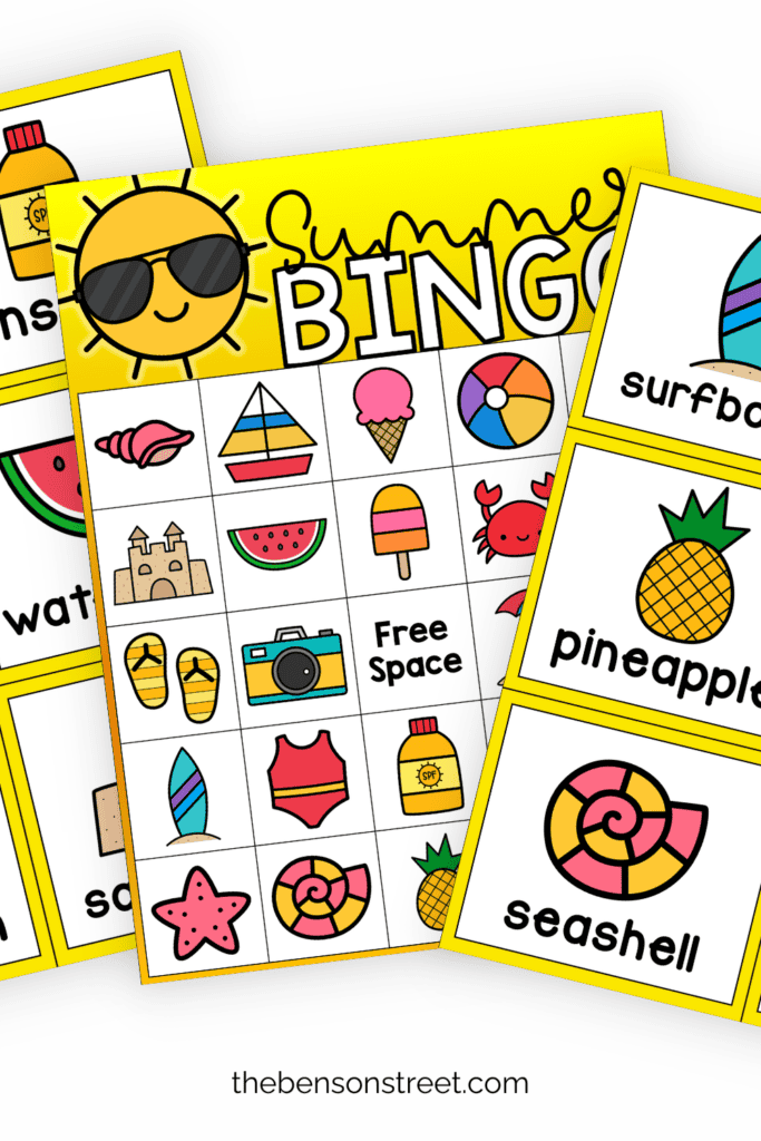 Summer bingo board and calling cards with summer images on them