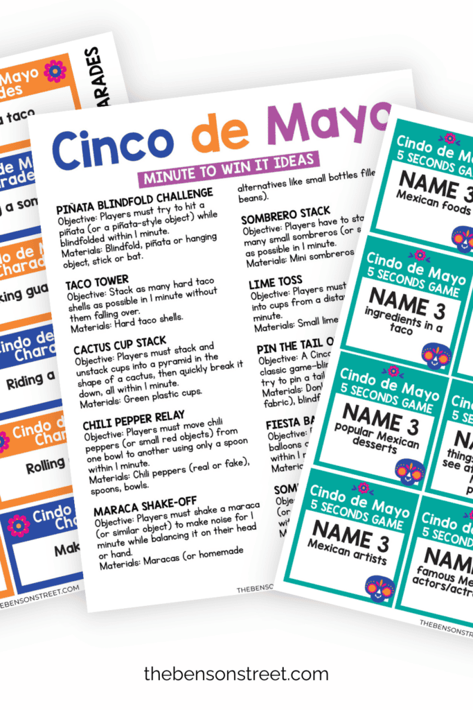 Three Sheets of Cinco de Mayo Games to print and play in a fanned out stack